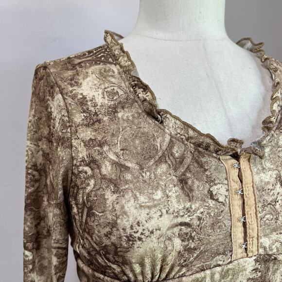 Y2K 90s Women's Cream Tan Fitted Ruffle Collar Bratz Boho Mesh Blouse Sz Large - Picture 4 of 10